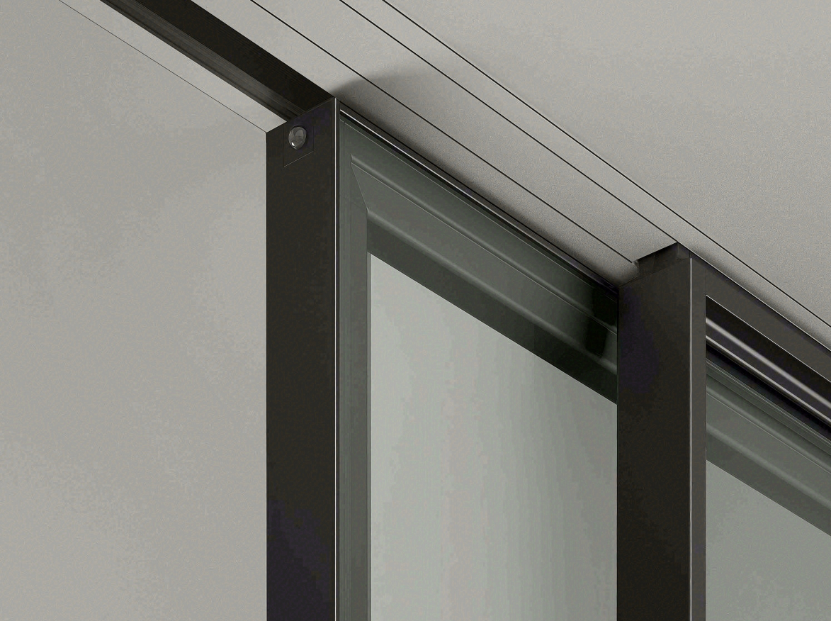 Sliding window track corner hardware close-up