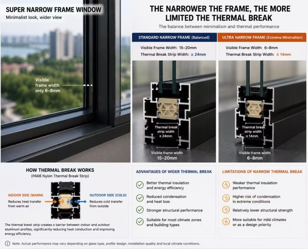 Slim aluminium window frame thermal break profile