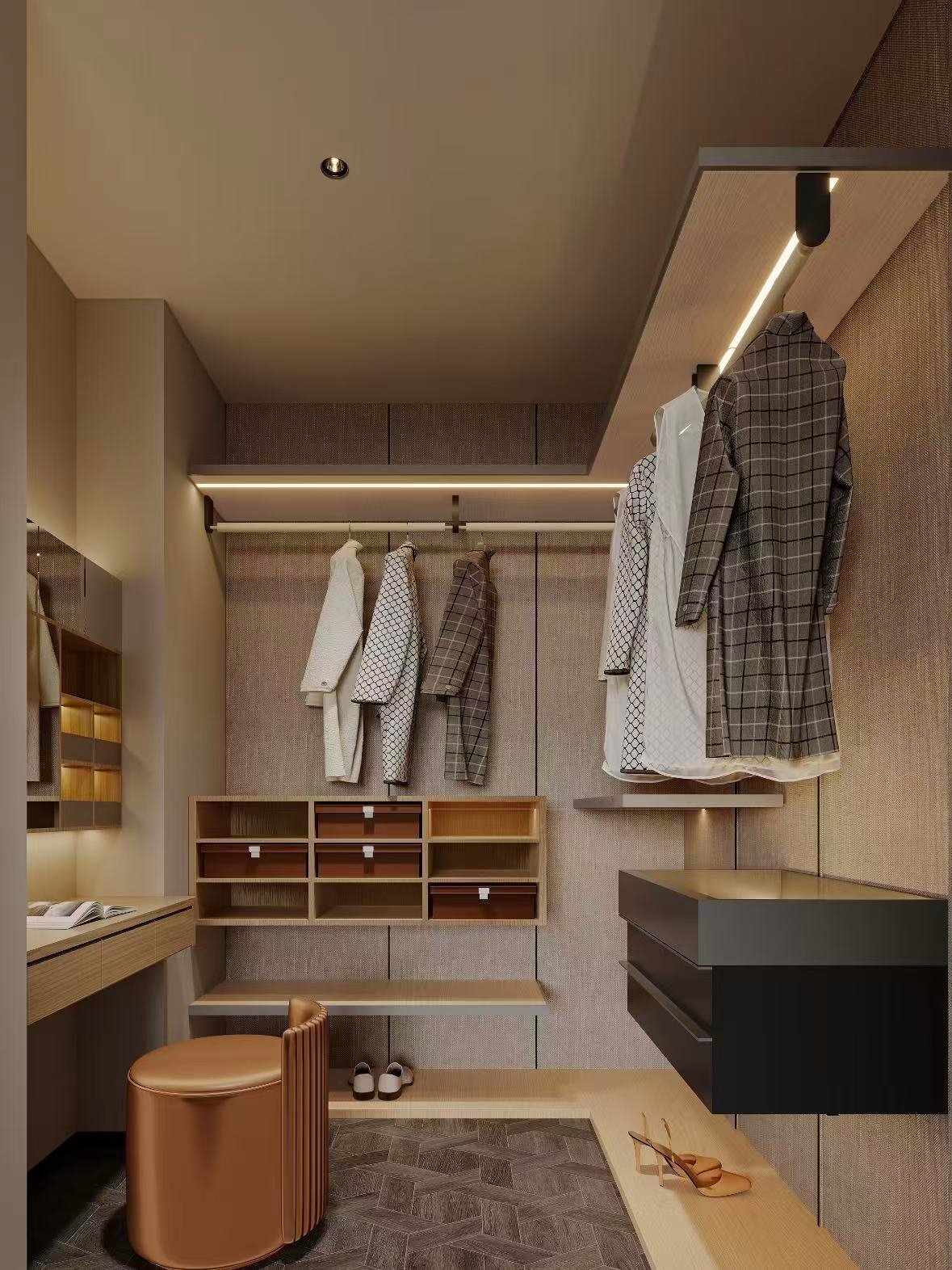 Small walk-in wardrobe with compact storage