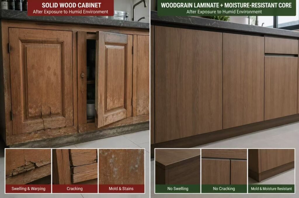Solid wood versus veneer cabinet in humidity