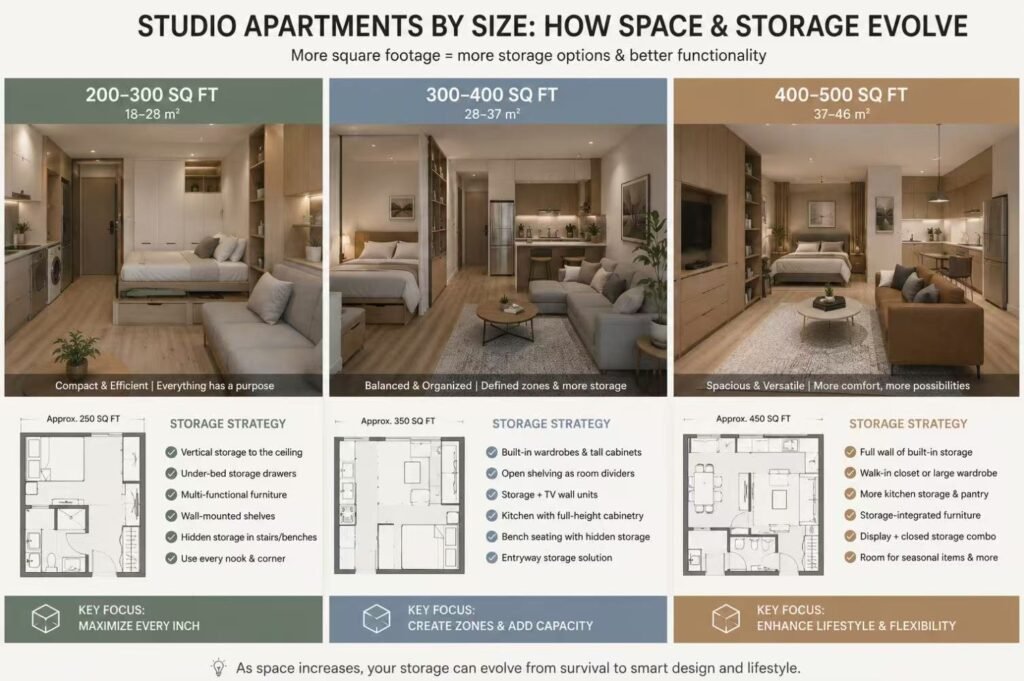 Studio room storage by square footage