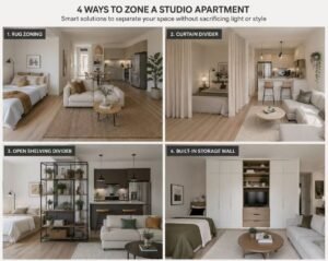 Rug curtain shelving storage wall zoning compared