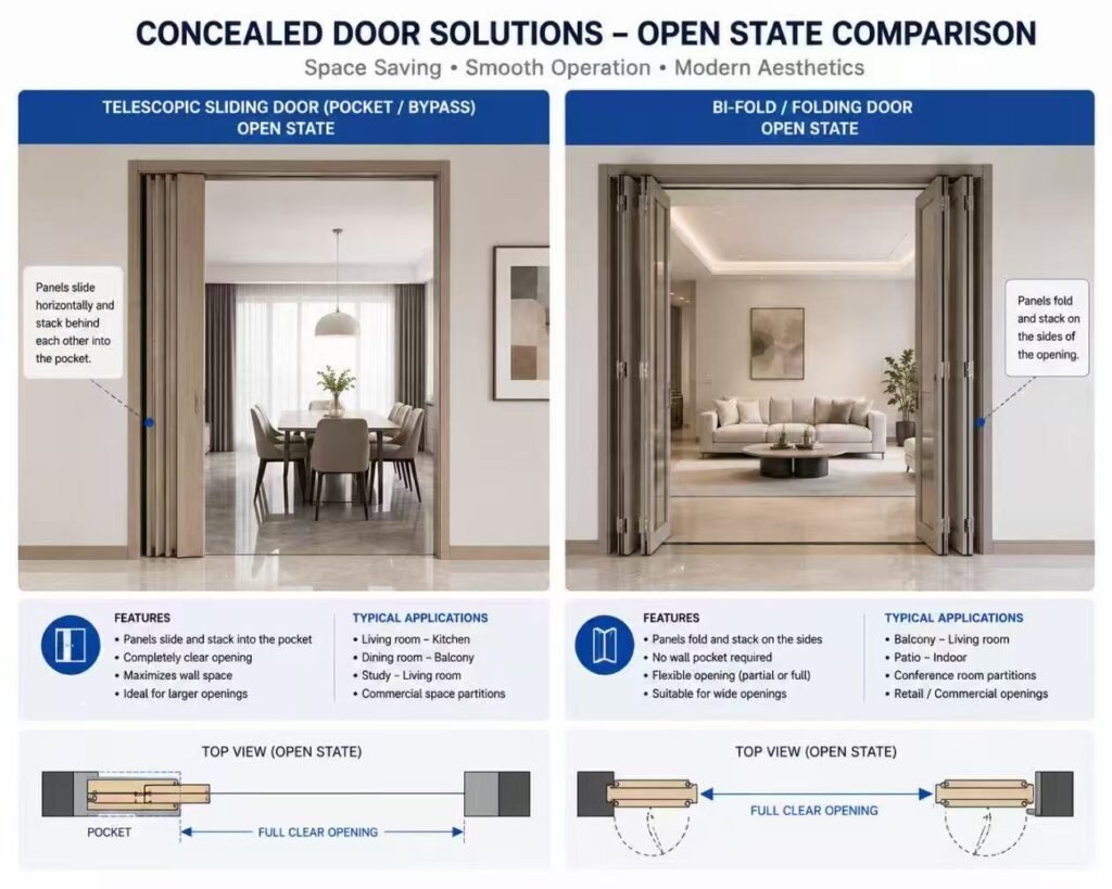 Telescopic sliding door overlapping panels