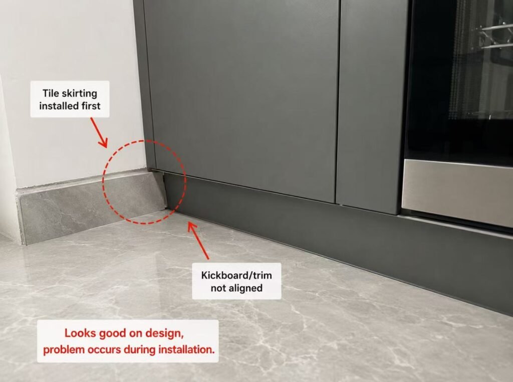 Tile grout line cabinet toe-kick misalignment