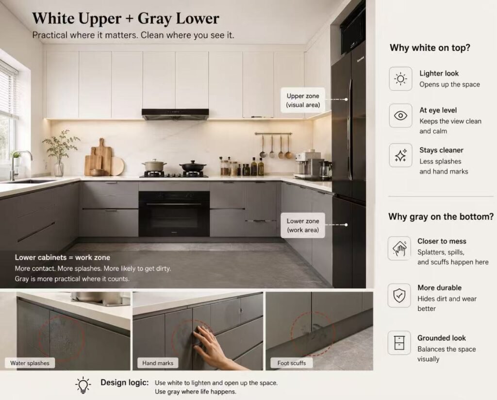 Two-tone white upper grey lower kitchen cabinets