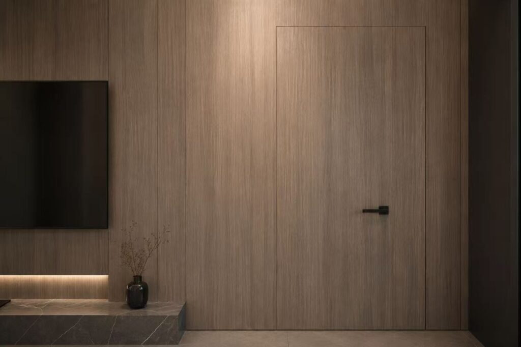 Wall panel integrated hidden door seamless