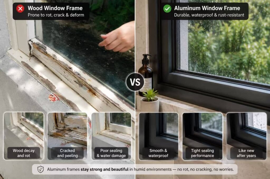 Rotted wood versus aluminum shower window frame