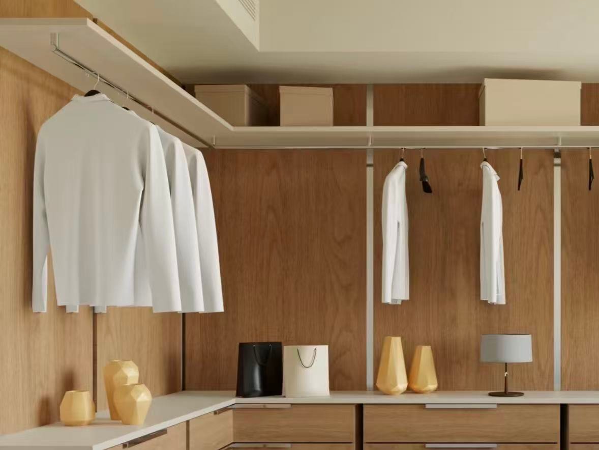 Wooden built-in wardrobe walk-in closet with hanging clothes