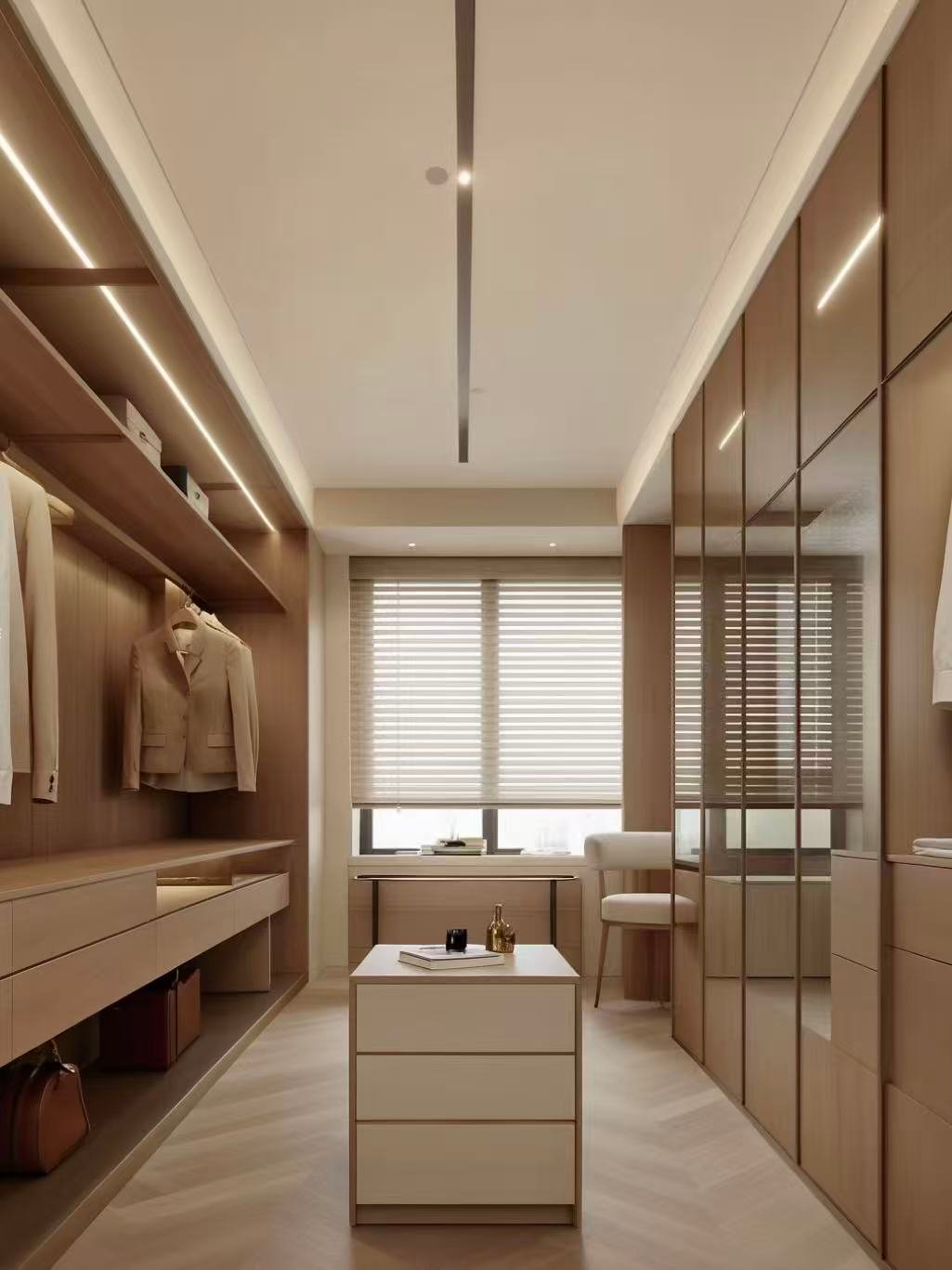 Wooden walk-in wardrobe with warm finishes