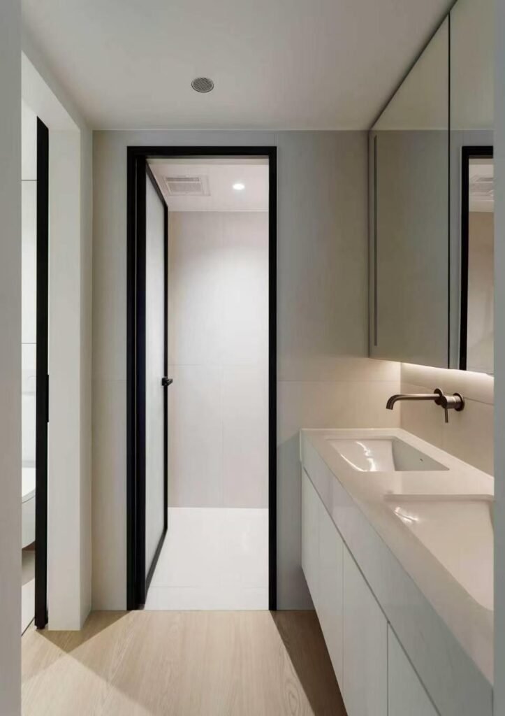Apartment bathroom vanity with integrated mirror cabinet