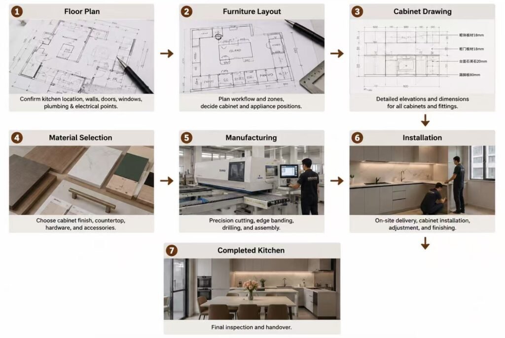 Apartment kitchen cabinet workflow from floor plan to installation