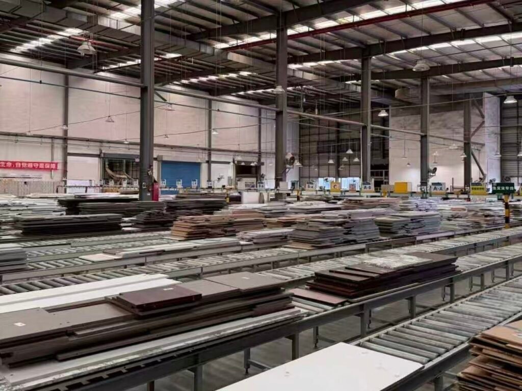 Cabinet panels moving through automated production line
