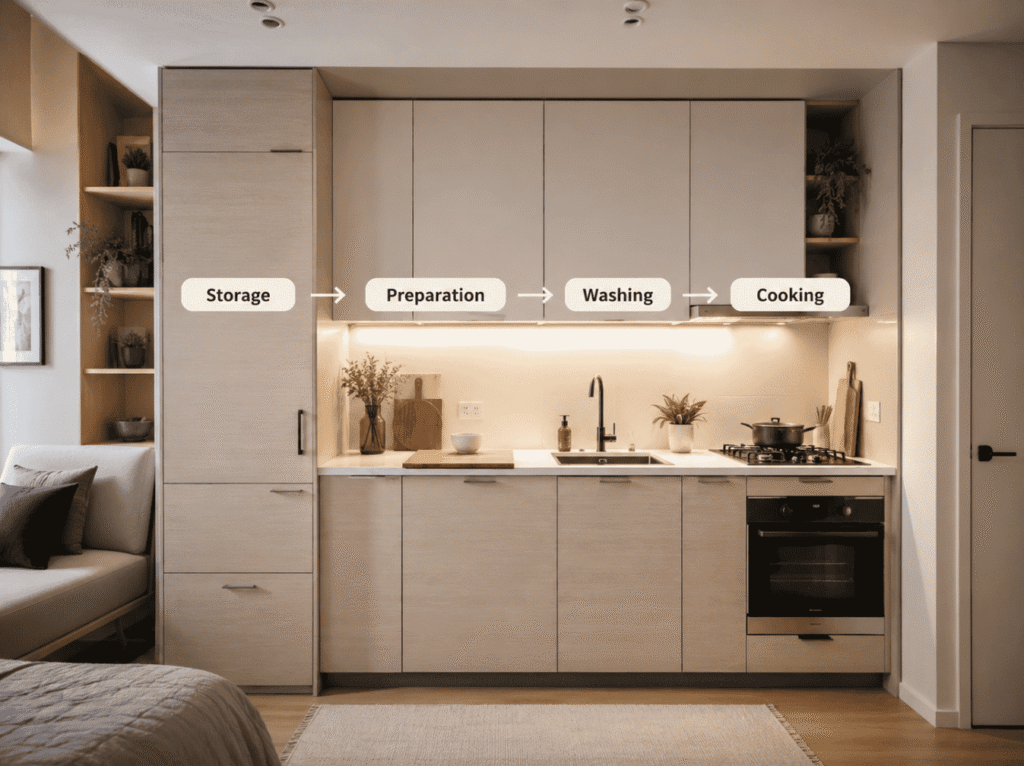 Compact kitchen workflow for studio apartment