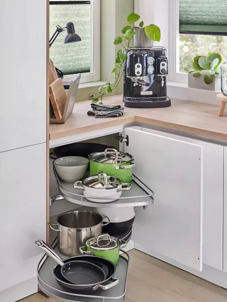 Corner pull out kitchen storage solution system
