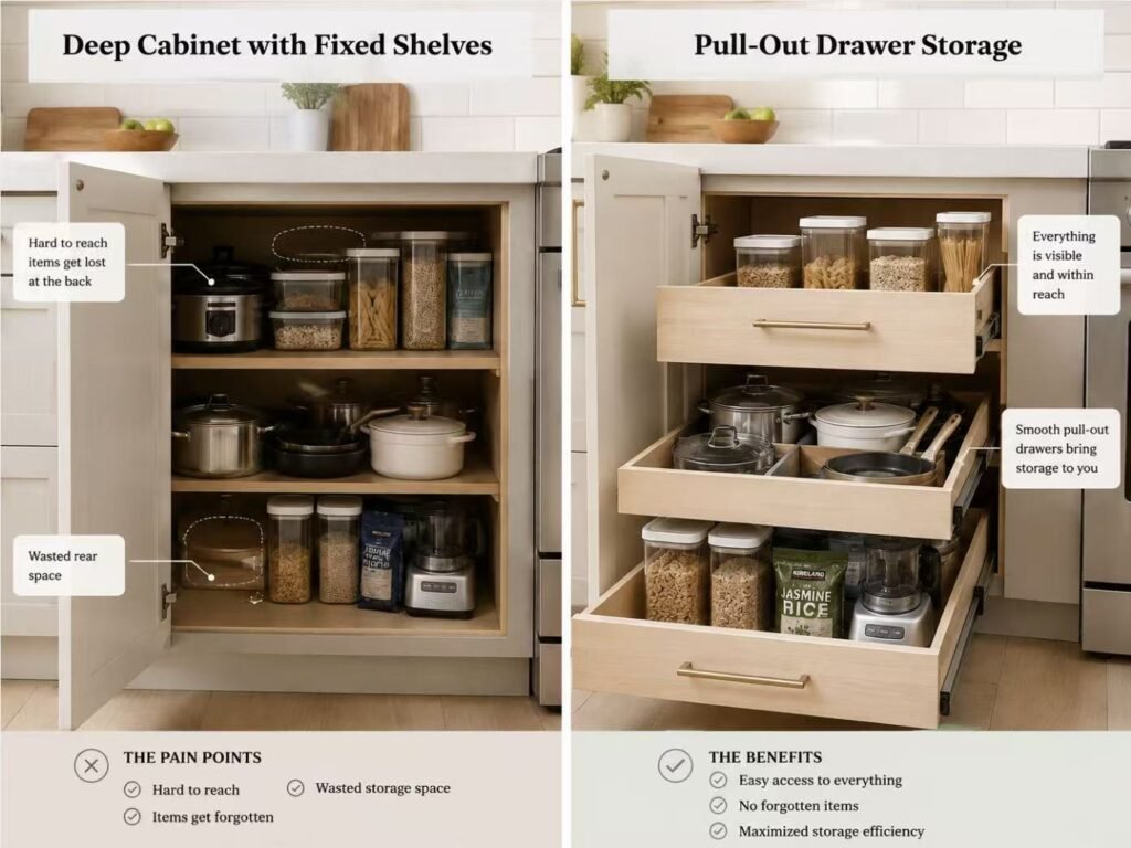 Deep cabinet fixed shelves compared with pull-out drawer storage