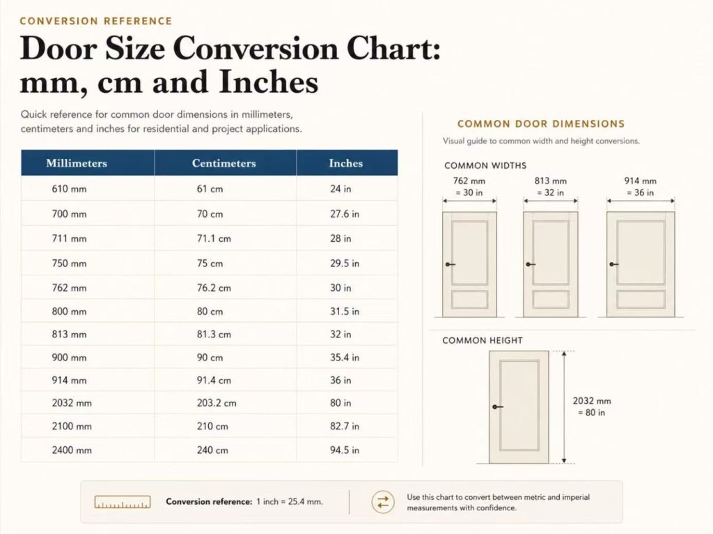 Door size conversion chart in millimeters and inches