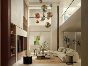 double height villa living room cabinetry.jpg Double-height villa living room with built-in cabinetry