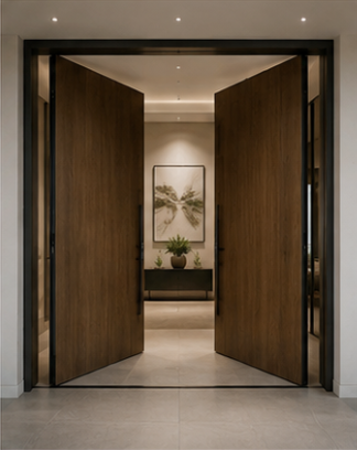 Double wooden pivot entrance doors