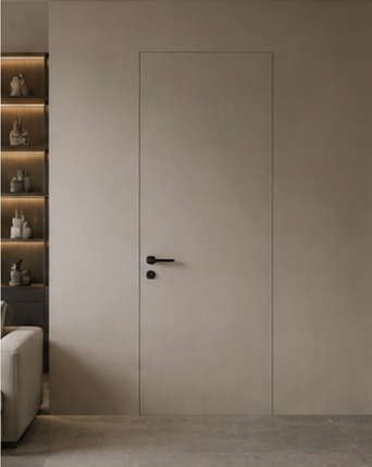 Flush hidden door with seamless minimalist wall design