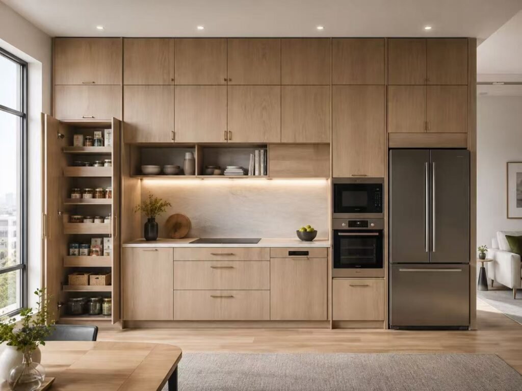 Full-height apartment kitchen cabinets with tall pantry storage
