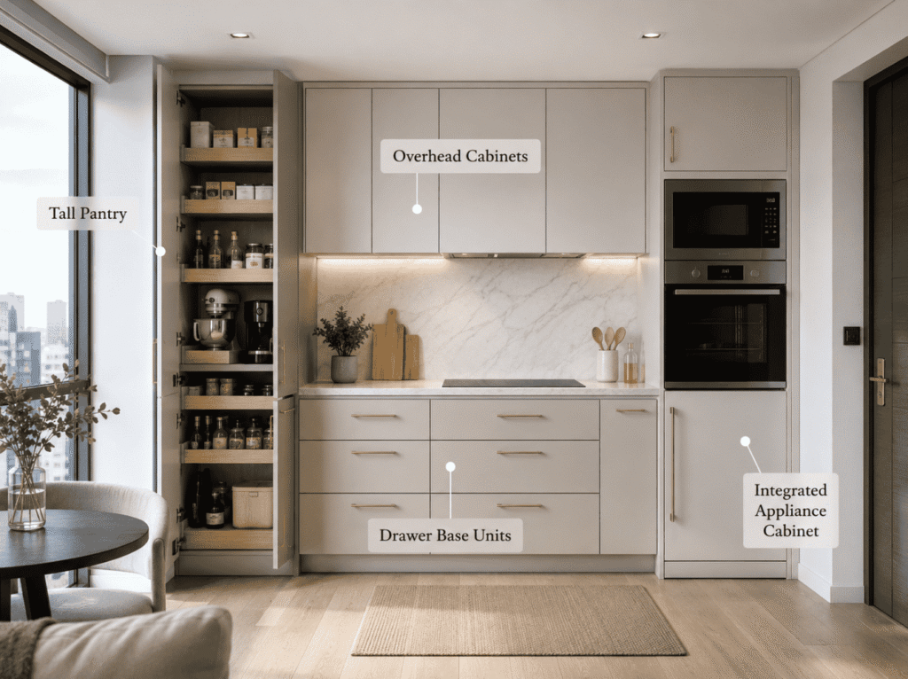 Full-height kitchen cabinets with integrated storage zones