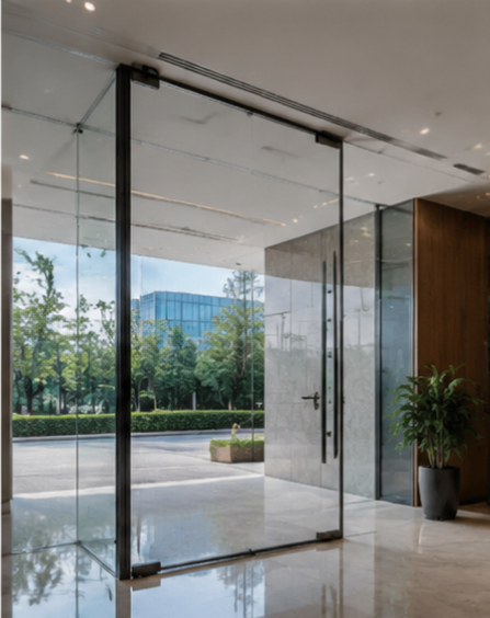 Glass pivot door for commercial lobby
