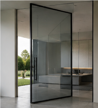 Clear smoked glass modern pivot door