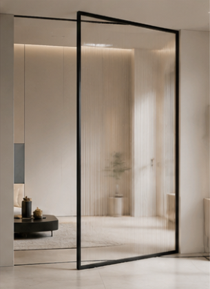Frameless glass pivot door entrance