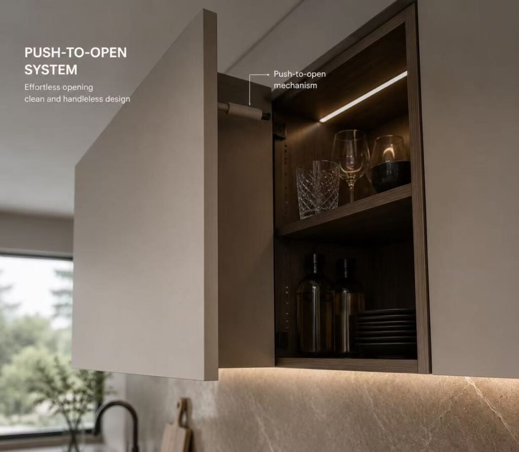 Handleless cabinet door with push open hardware system