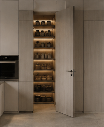 Hidden pantry door integrated into modern kitchen cabinetry