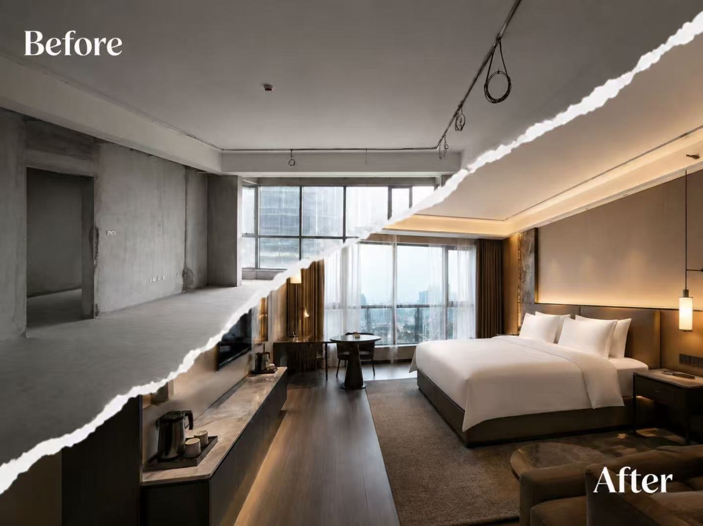 Hotel room renovation before after transformation