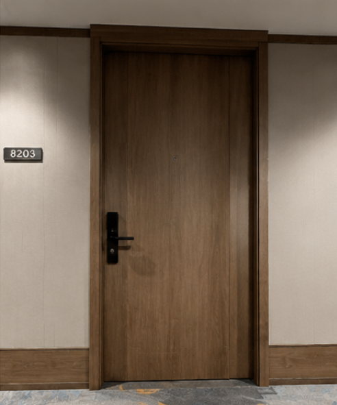 Hotel wooden door installation interior project