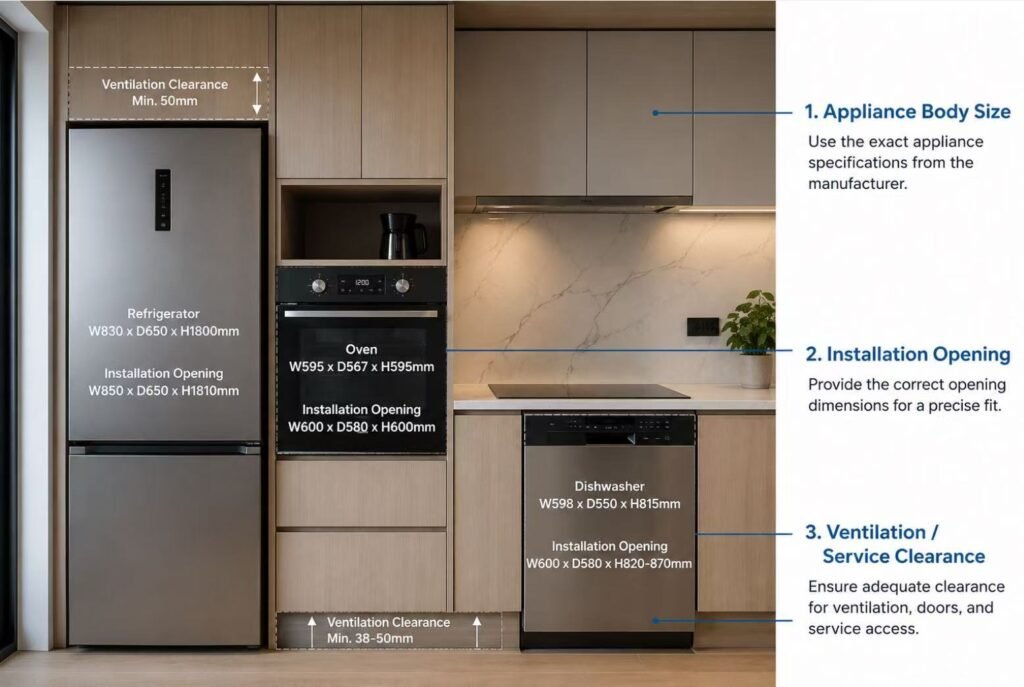 Integrated refrigerator oven and dishwasher cabinet dimensions