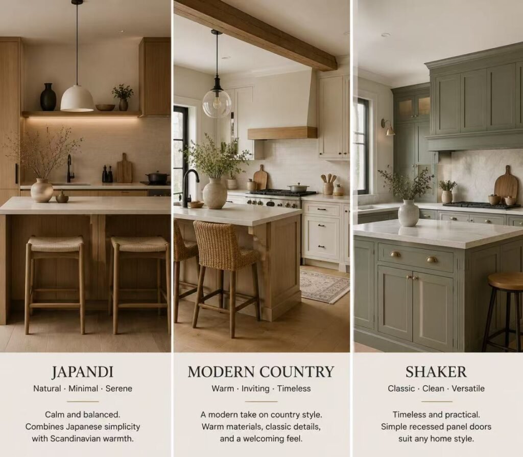 Japandi modern country shaker kitchen style comparison