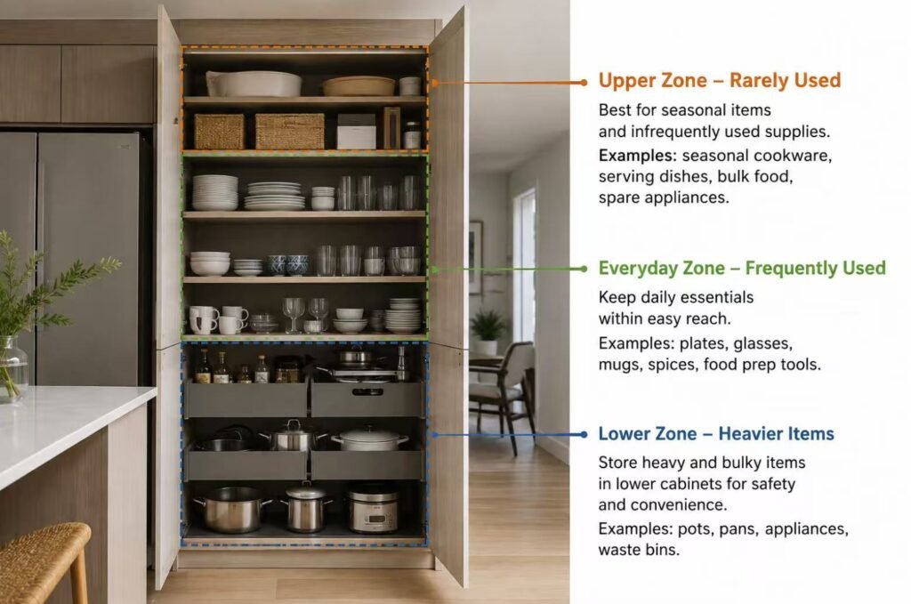 Kitchen cabinet storage zones organized by frequency of use