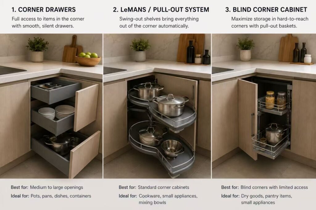 Corner drawers LeMans pull-out and blind corner cabinet solutions