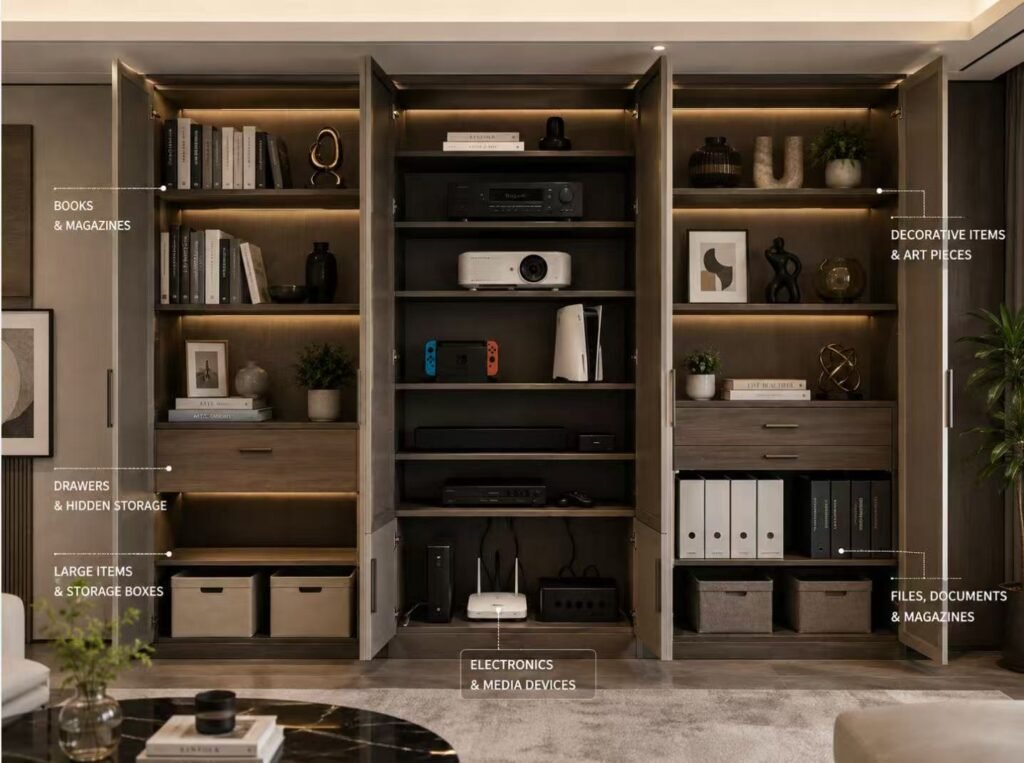 Living room storage cabinet interior organization