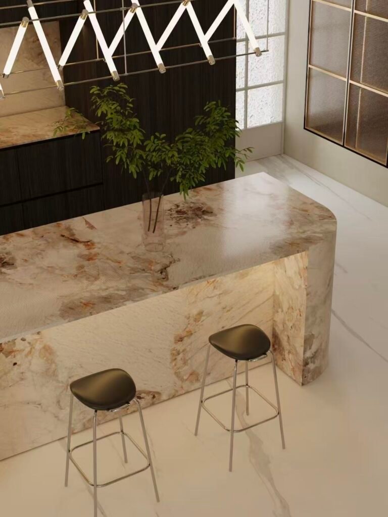 Luxury curved kitchen island with stone countertop