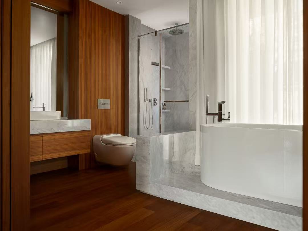 Luxury villa bathroom interior with marble finishes