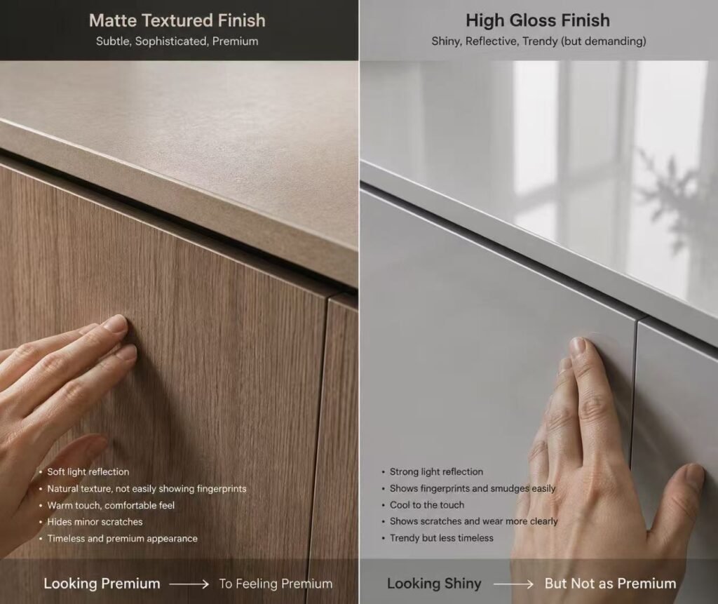 Matte textured finish versus glossy cabinet surface comparison