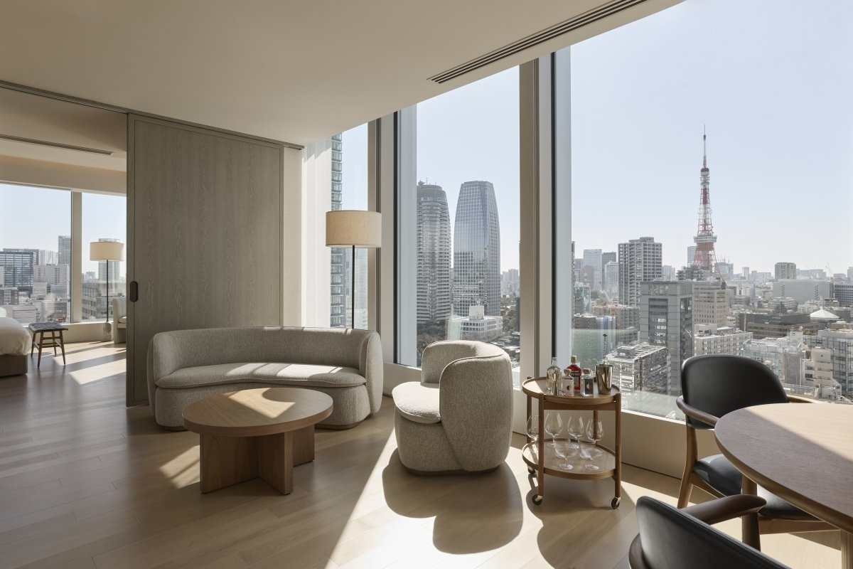 Modern hotel suite with custom furniture