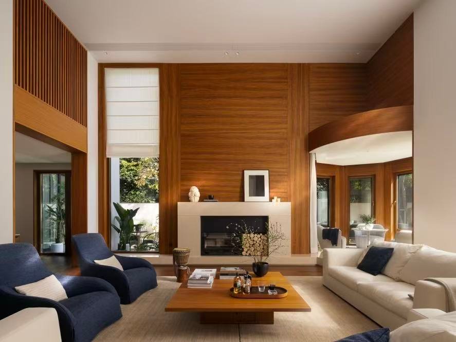 Modern villa living room with wood wall panels