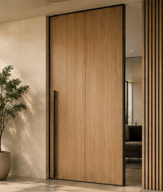 Natural wood veneer pivot entrance door