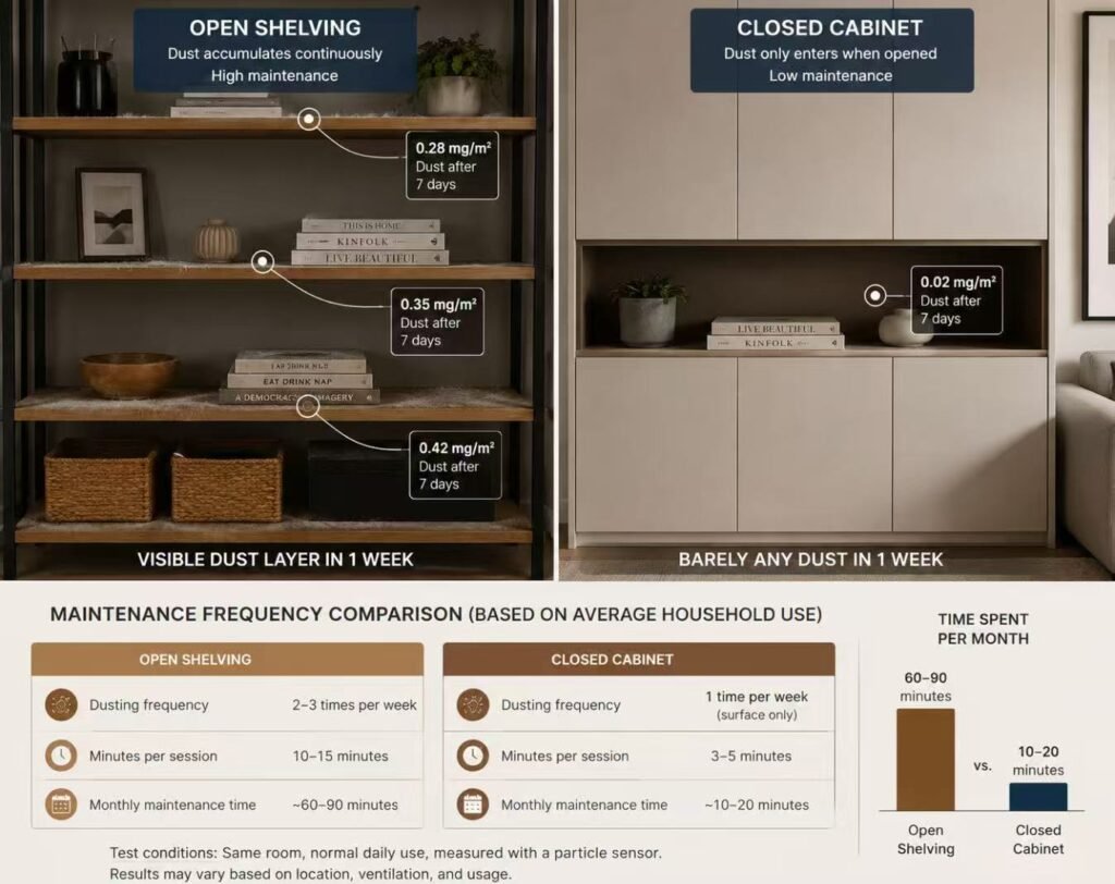 Open shelving versus closed cabinet maintenance