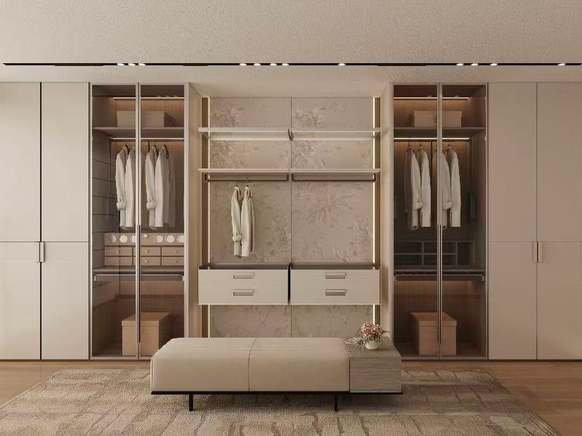 open wardrobe with drawers.webp Open wardrobe with integrated storage drawers