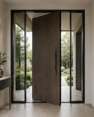 Pivot door with side glass panels