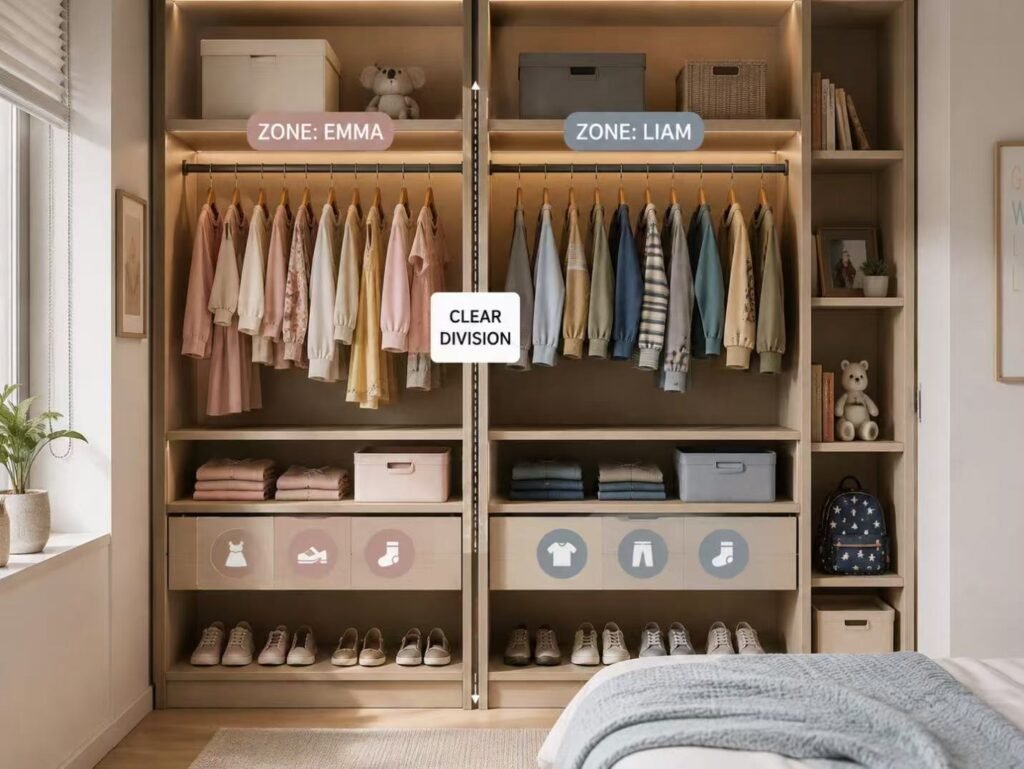Shared kids wardrobe with organized storage zones