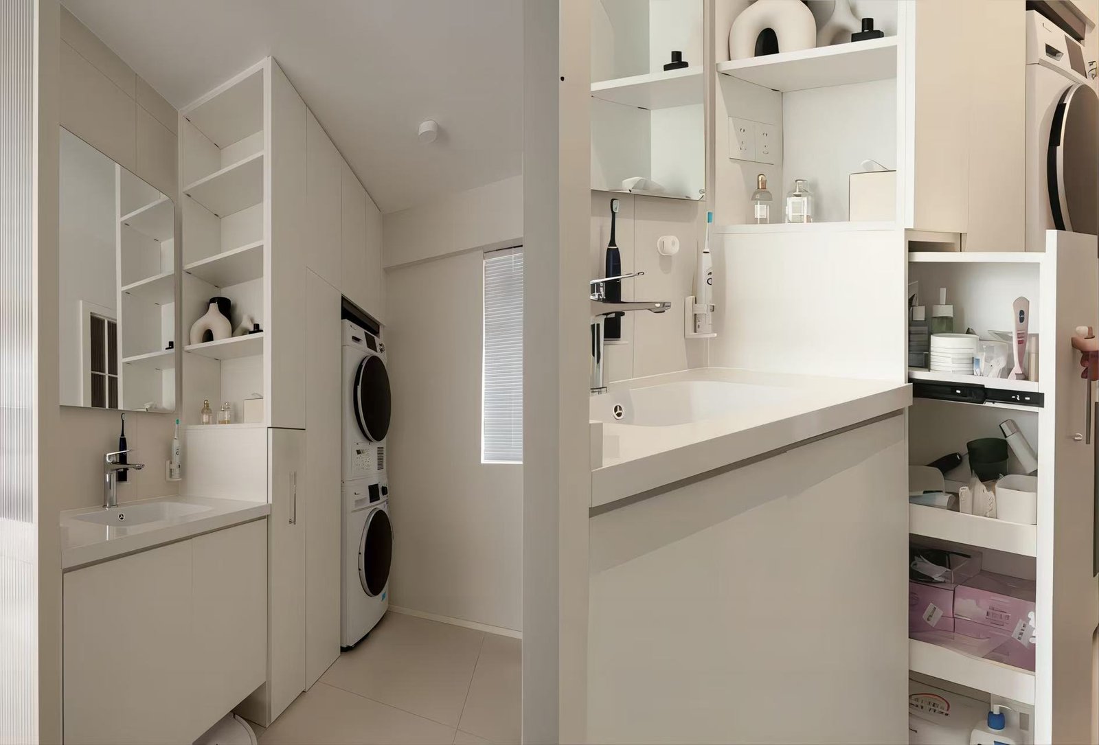 Small apartment bathroom and laundry storage solution