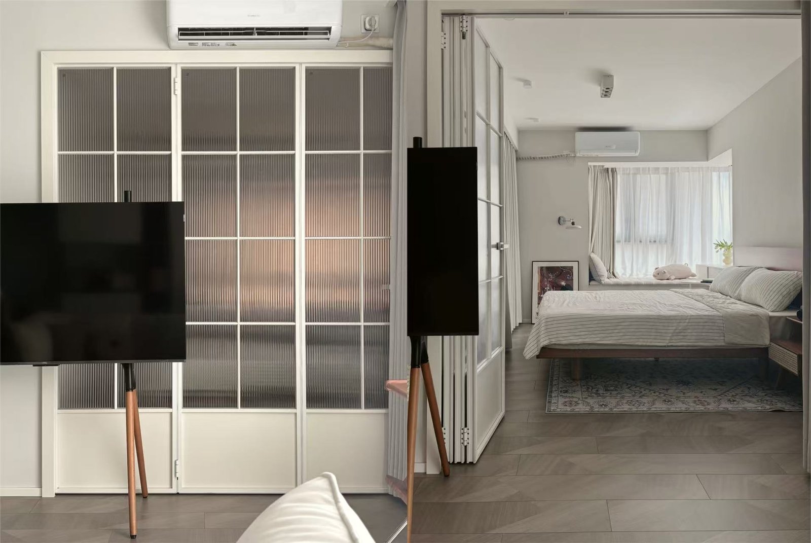 small apartment bedroom glass wardrobe.jpg Small apartment bedroom with glass wardrobe storage