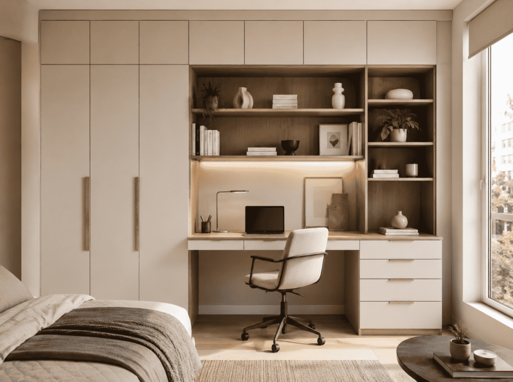 Built-in wardrobe shelving desk and drawer storage